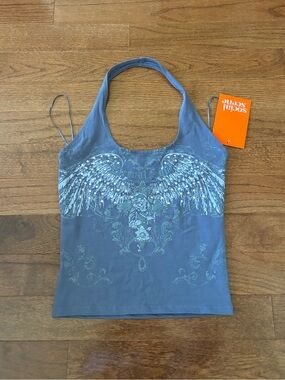 NWT Social Scene blue grunge graphic halter top medium